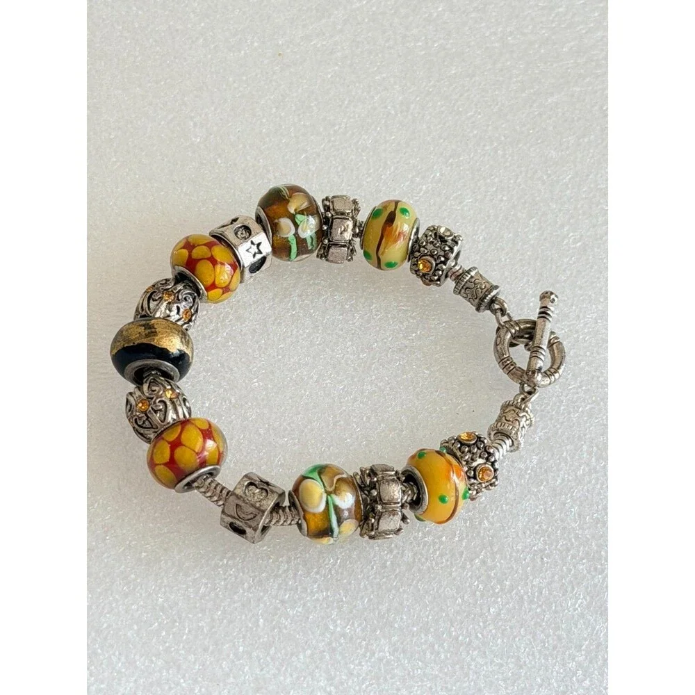 Artisan Murano Style Lampwork Glass & Silver Tone European Charm Toggle Bracelet